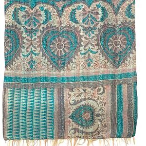 Vintage Indian Kantha silk Handcrafted Turquoise and beige double sided Scarf